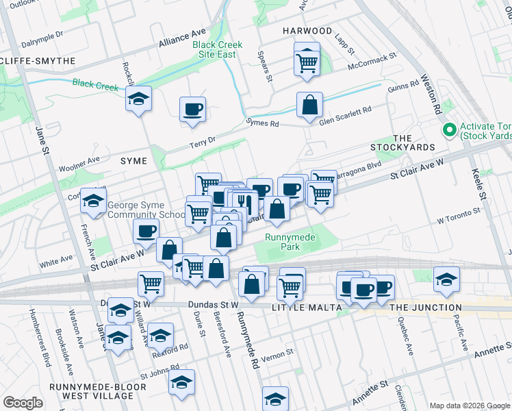 map of restaurants, bars, coffee shops, grocery stores, and more near Britannia Avenue in Toronto
