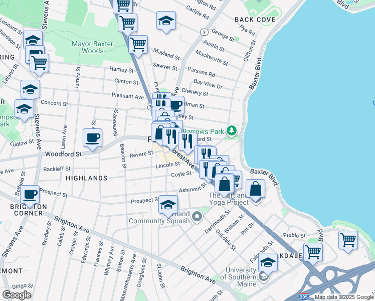 map of restaurants, bars, coffee shops, grocery stores, and more near 35 Arlington Street in Portland
