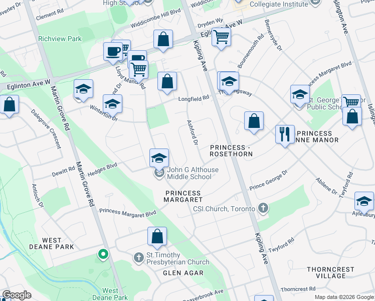 map of restaurants, bars, coffee shops, grocery stores, and more near in Toronto