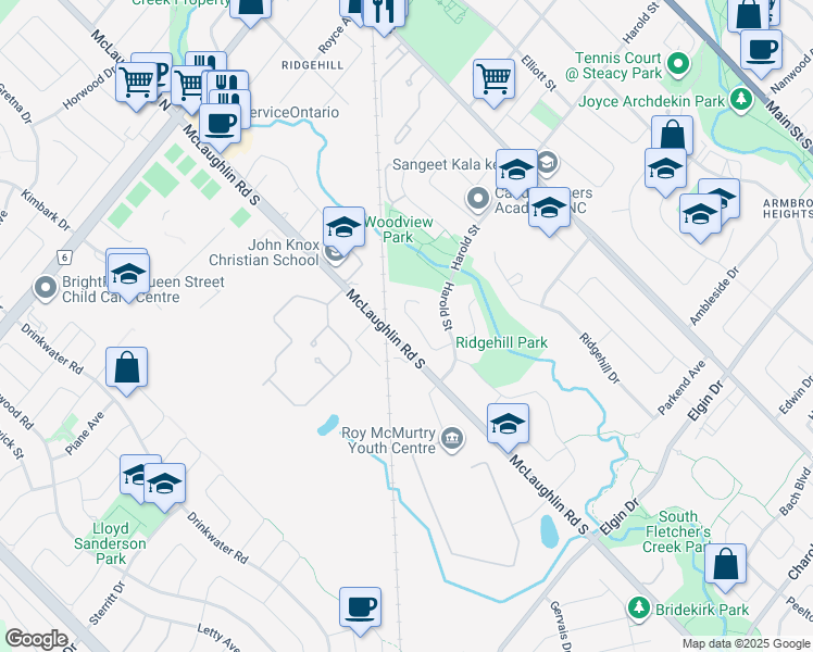 map of restaurants, bars, coffee shops, grocery stores, and more near 36 Roseville Drive in Brampton