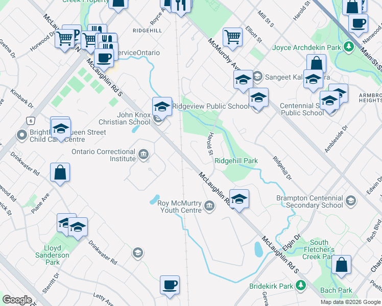 map of restaurants, bars, coffee shops, grocery stores, and more near 36 Roseville Drive in Brampton
