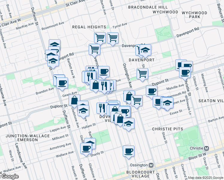map of restaurants, bars, coffee shops, grocery stores, and more near in Toronto