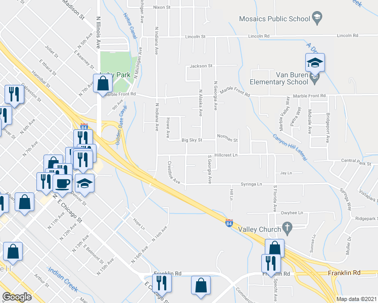 map of restaurants, bars, coffee shops, grocery stores, and more near 102 North Homedale Avenue in Caldwell