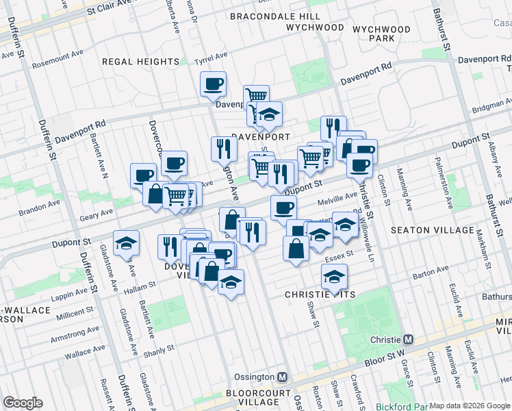map of restaurants, bars, coffee shops, grocery stores, and more near 839 Dupont Street in Toronto