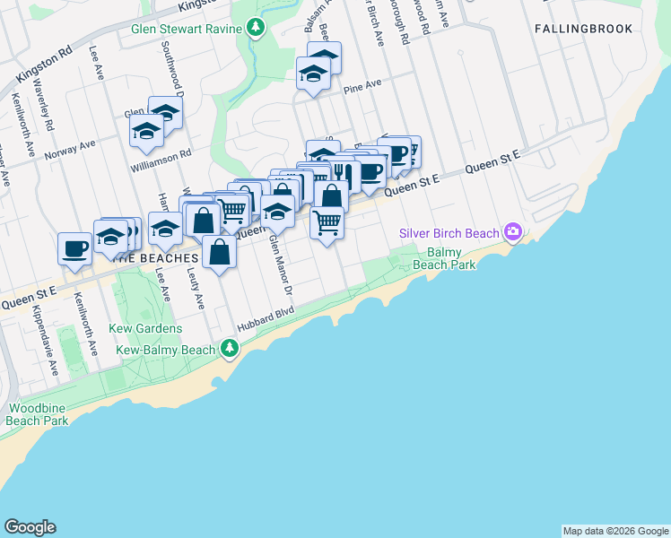 map of restaurants, bars, coffee shops, grocery stores, and more near 20 Balsam Avenue in Toronto