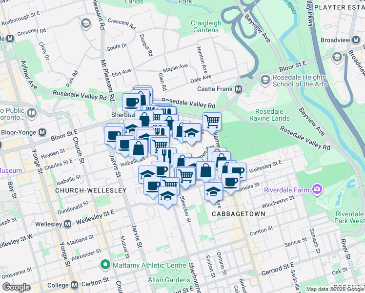 map of restaurants, bars, coffee shops, grocery stores, and more near 700 Ontario Street in Toronto