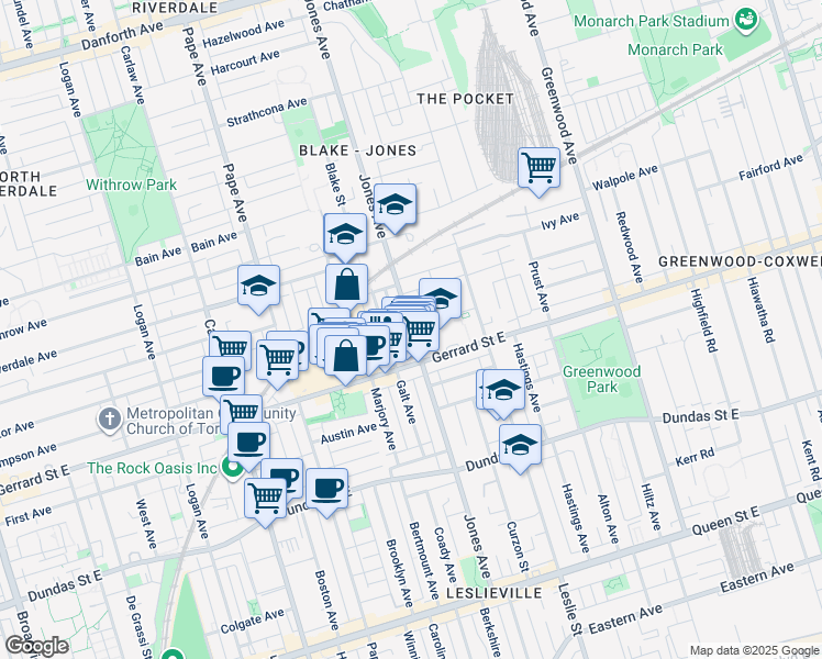 map of restaurants, bars, coffee shops, grocery stores, and more near 230 Jones Avenue in Toronto