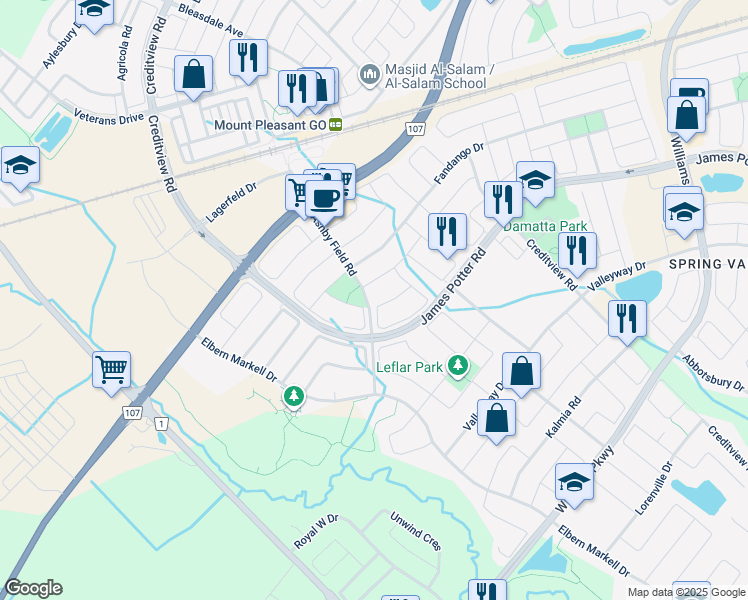 map of restaurants, bars, coffee shops, grocery stores, and more near 39 Ashby Field Road in Brampton