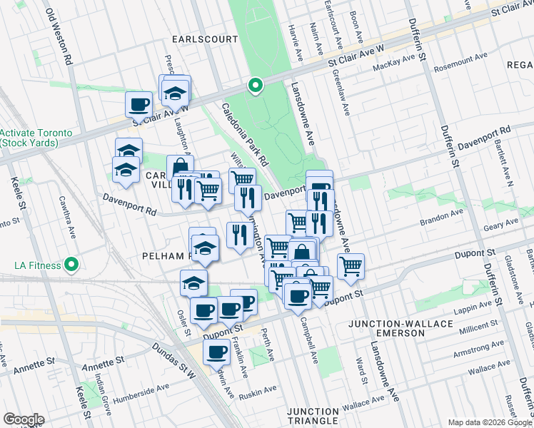 map of restaurants, bars, coffee shops, grocery stores, and more near 90 Wiltshire Avenue in Toronto