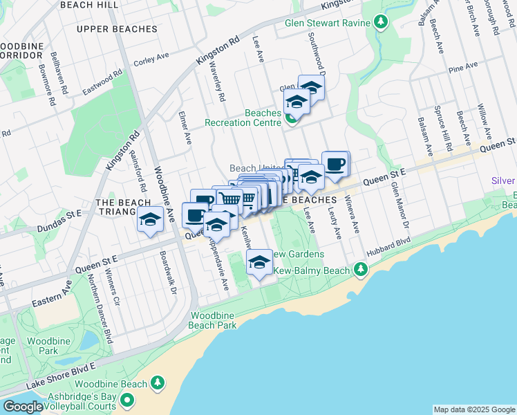 map of restaurants, bars, coffee shops, grocery stores, and more near 1980 Queen Street East in Toronto