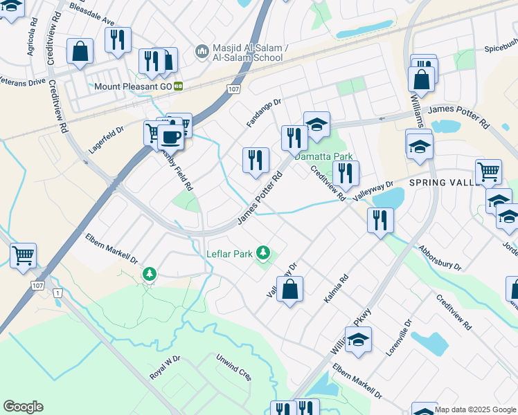 map of restaurants, bars, coffee shops, grocery stores, and more near 31 Andretti Crescent in Brampton