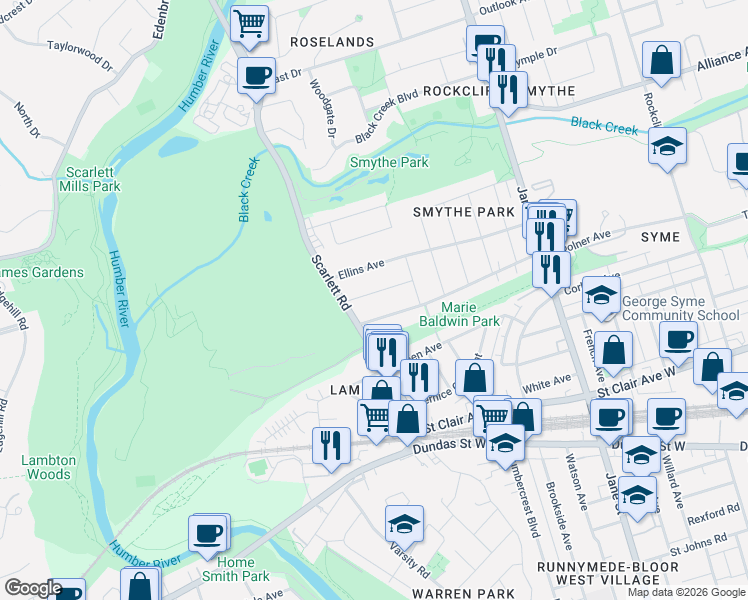 map of restaurants, bars, coffee shops, grocery stores, and more near 71 Delemere Avenue in Toronto