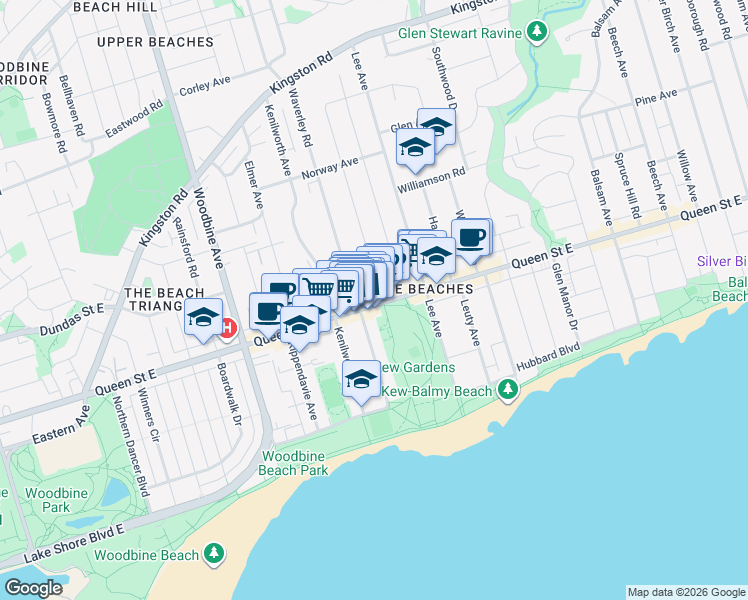 map of restaurants, bars, coffee shops, grocery stores, and more near 2000 Queen Street East in Toronto