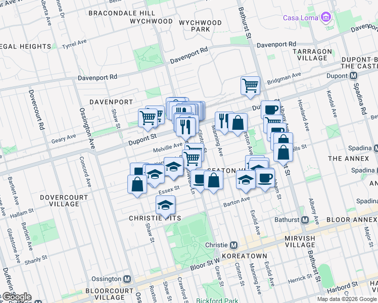 map of restaurants, bars, coffee shops, grocery stores, and more near 236 Christie Street in Toronto
