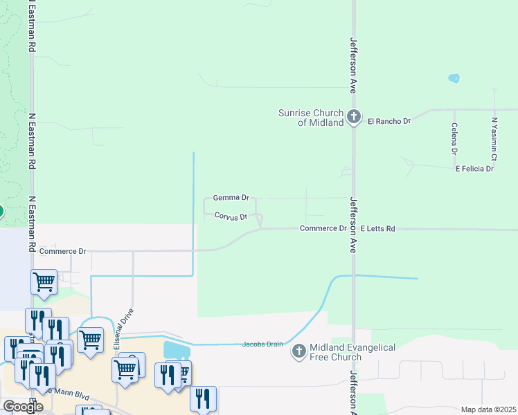 map of restaurants, bars, coffee shops, grocery stores, and more near 1011 Commerce Drive in Midland