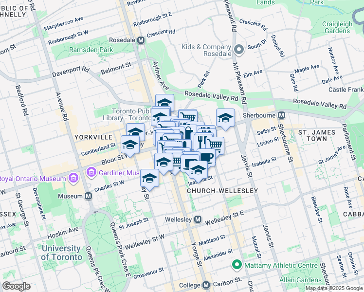 map of restaurants, bars, coffee shops, grocery stores, and more near 55 Bloor Street East in Toronto