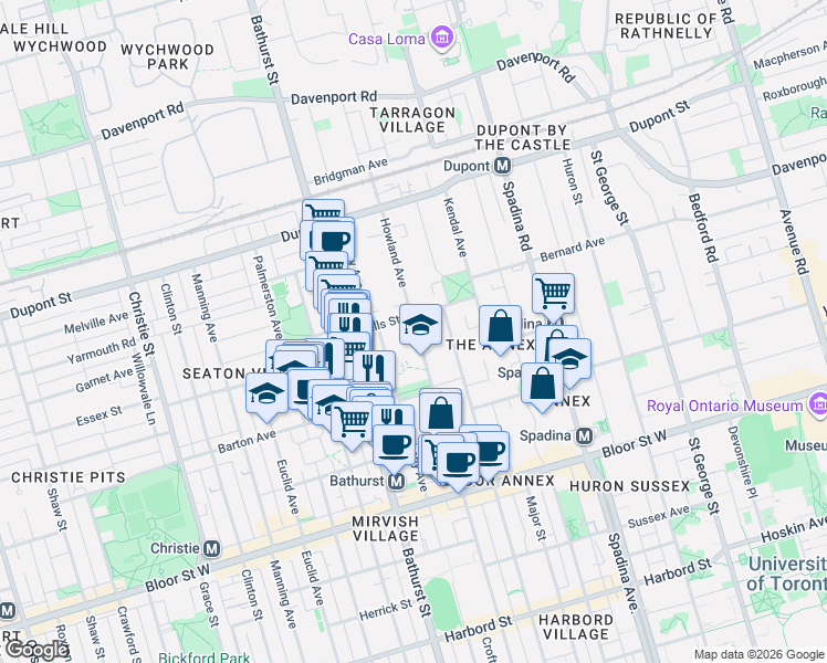 map of restaurants, bars, coffee shops, grocery stores, and more near 144 Howland Avenue in Toronto