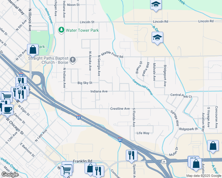 map of restaurants, bars, coffee shops, grocery stores, and more near 2600 Hillcrest Lane in Caldwell