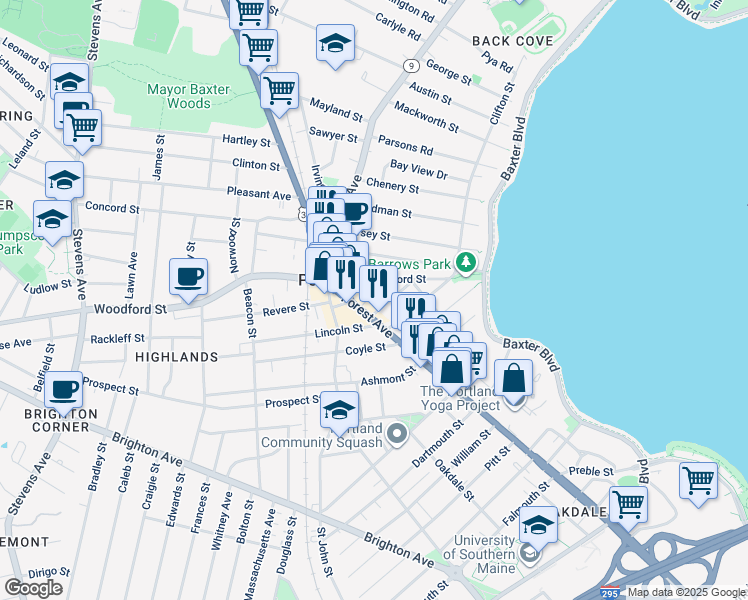 map of restaurants, bars, coffee shops, grocery stores, and more near 616 Forest Avenue in Portland