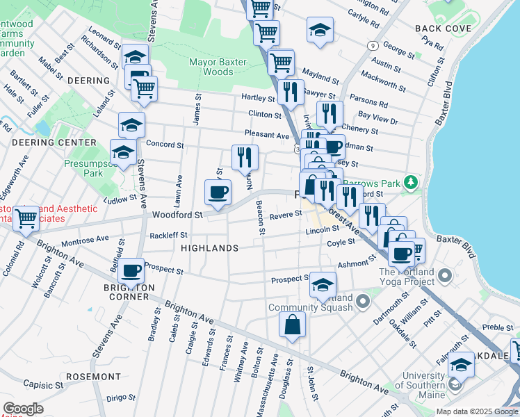 map of restaurants, bars, coffee shops, grocery stores, and more near 108 Revere Street in Portland