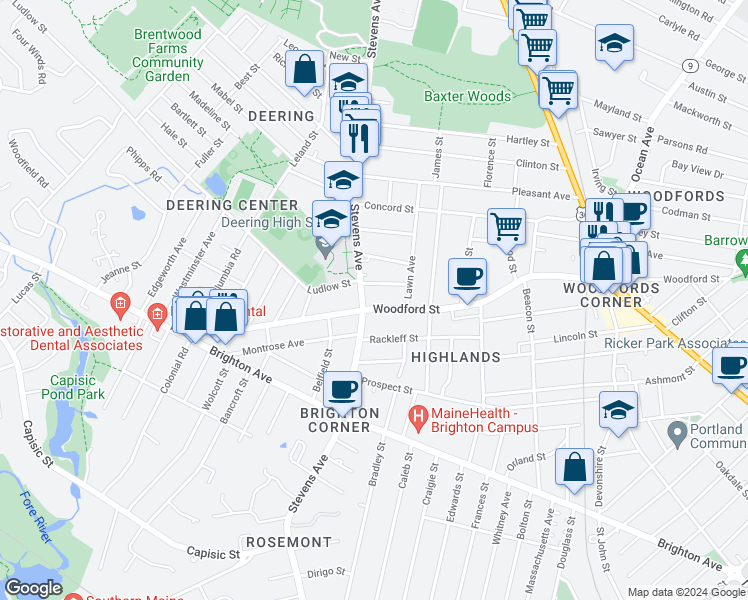 map of restaurants, bars, coffee shops, grocery stores, and more near 321 Stevens Avenue in Portland