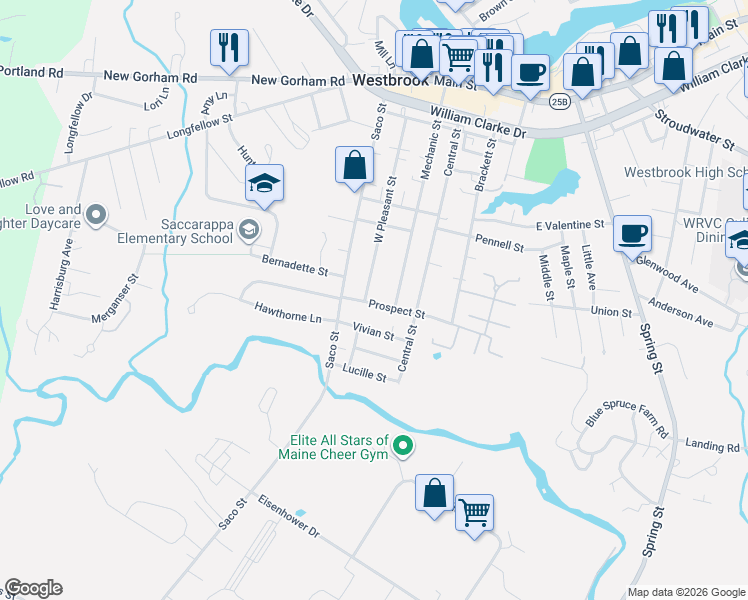 map of restaurants, bars, coffee shops, grocery stores, and more near 18 Vivian Street in Westbrook