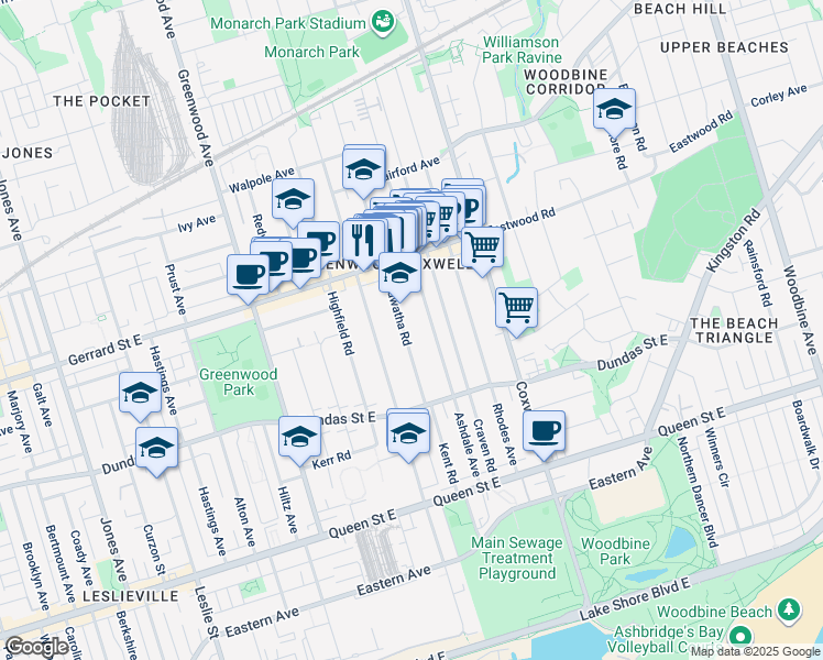 map of restaurants, bars, coffee shops, grocery stores, and more near in Toronto