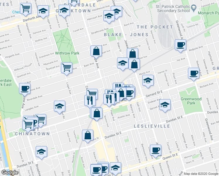 map of restaurants, bars, coffee shops, grocery stores, and more near 471 Carlaw Avenue in Toronto