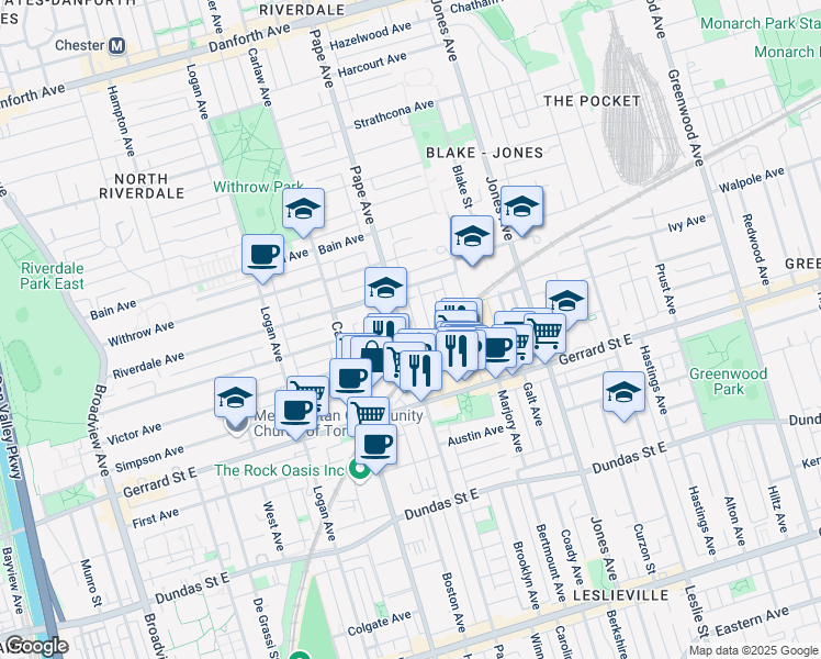 map of restaurants, bars, coffee shops, grocery stores, and more near 391 Pape Avenue in Toronto