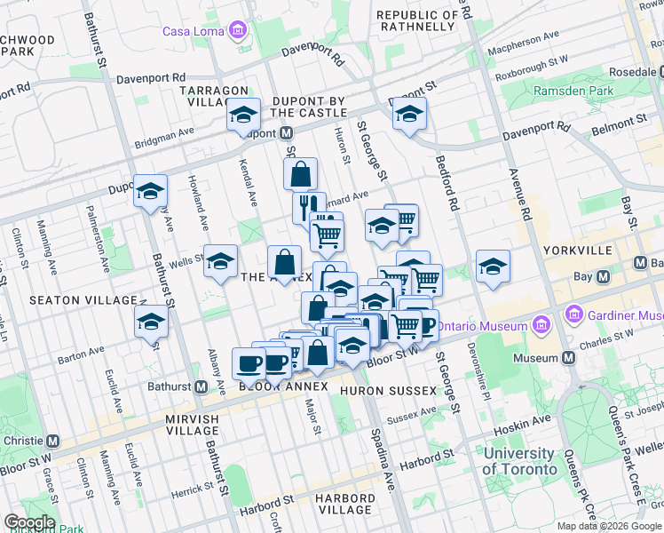 map of restaurants, bars, coffee shops, grocery stores, and more near in Toronto