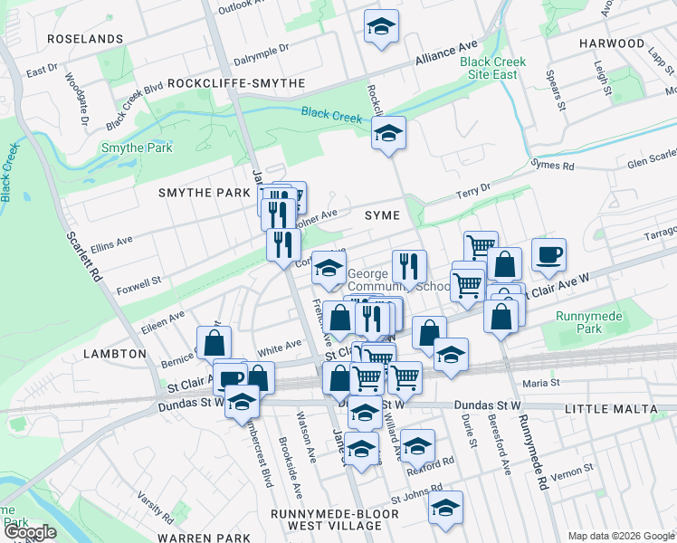 map of restaurants, bars, coffee shops, grocery stores, and more near in Toronto
