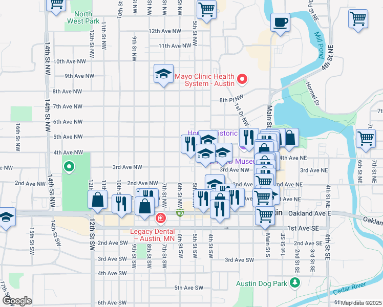 map of restaurants, bars, coffee shops, grocery stores, and more near 610 3rd Avenue Northwest in Austin