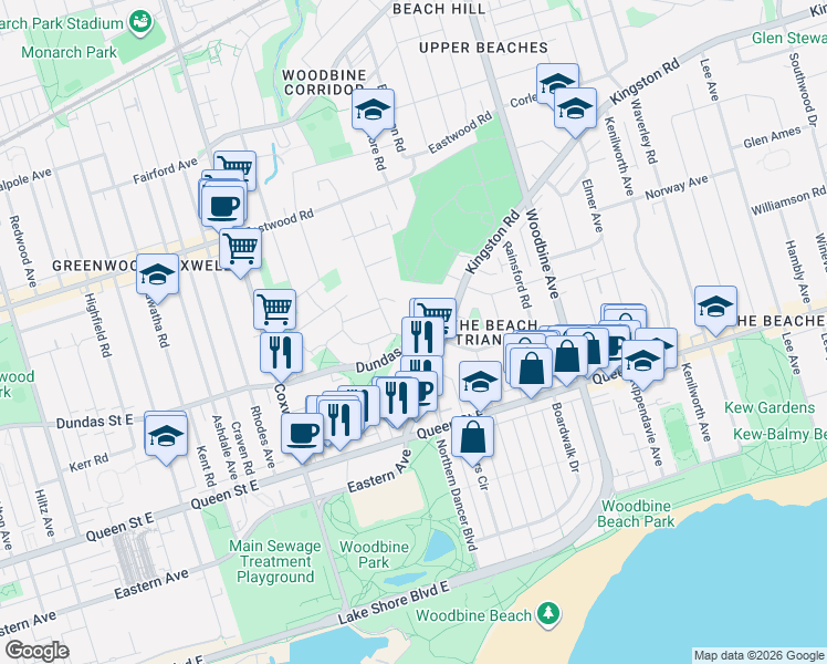 map of restaurants, bars, coffee shops, grocery stores, and more near 79 Maughan Crescent in Toronto