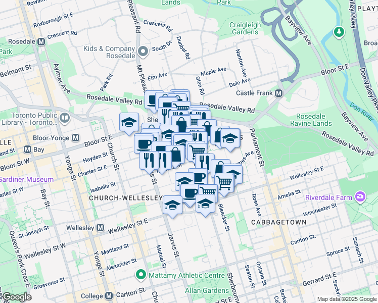map of restaurants, bars, coffee shops, grocery stores, and more near 564 Sherbourne Street in Toronto