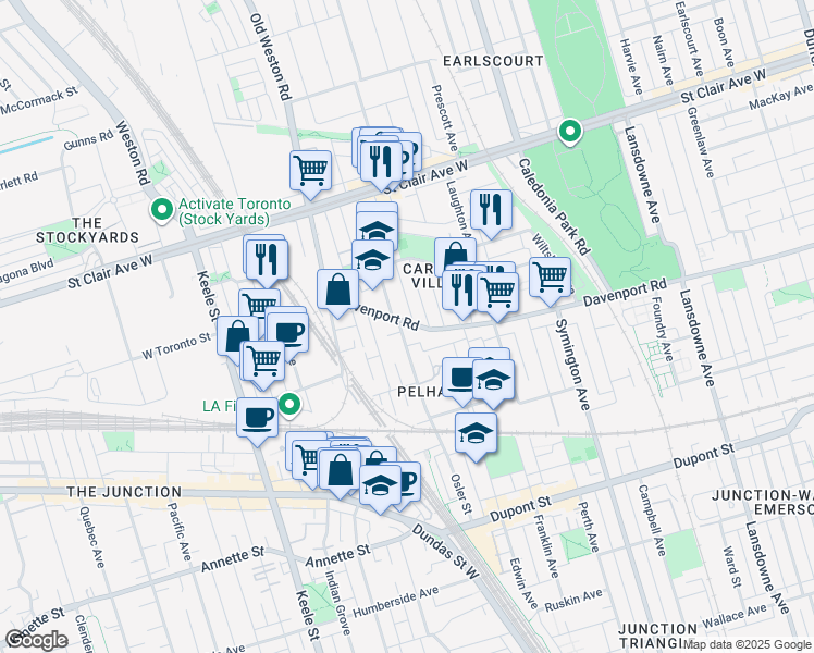 map of restaurants, bars, coffee shops, grocery stores, and more near 2045 Davenport Road in Toronto