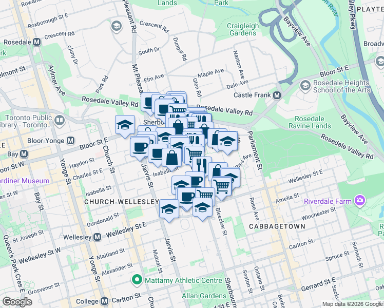 map of restaurants, bars, coffee shops, grocery stores, and more near 565 Sherbourne Street in Toronto