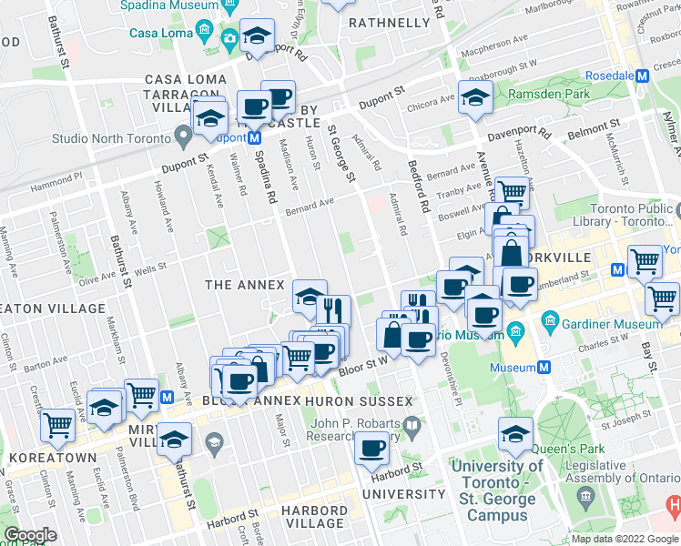 map of restaurants, bars, coffee shops, grocery stores, and more near 536 Huron Street in Toronto