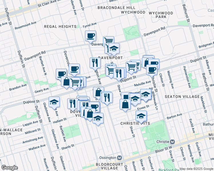 map of restaurants, bars, coffee shops, grocery stores, and more near Dupont Street in Toronto