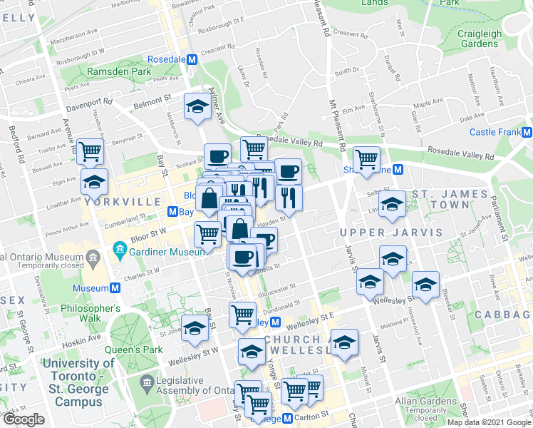map of restaurants, bars, coffee shops, grocery stores, and more near 85 Bloor Street East in Toronto