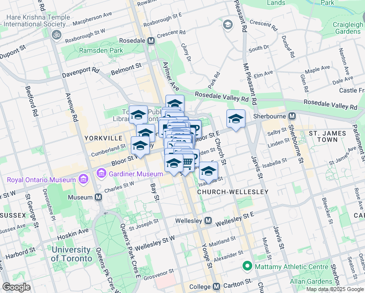 map of restaurants, bars, coffee shops, grocery stores, and more near 21 Bloor Street East in Toronto