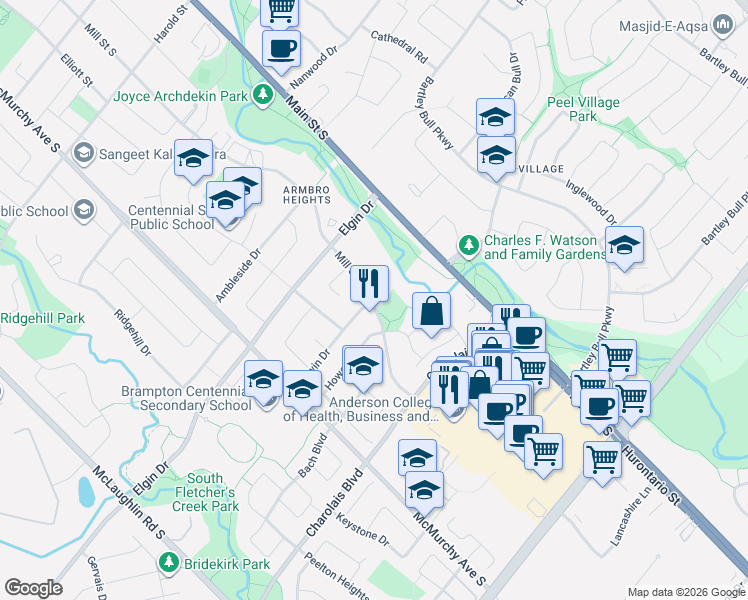 map of restaurants, bars, coffee shops, grocery stores, and more near 330 Mill Street South in Brampton