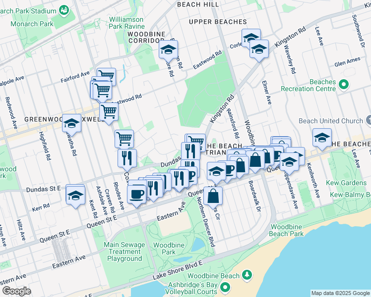 map of restaurants, bars, coffee shops, grocery stores, and more near 15 Edgewood Avenue in Toronto