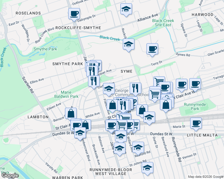 map of restaurants, bars, coffee shops, grocery stores, and more near 69 Pritchard Avenue in Toronto
