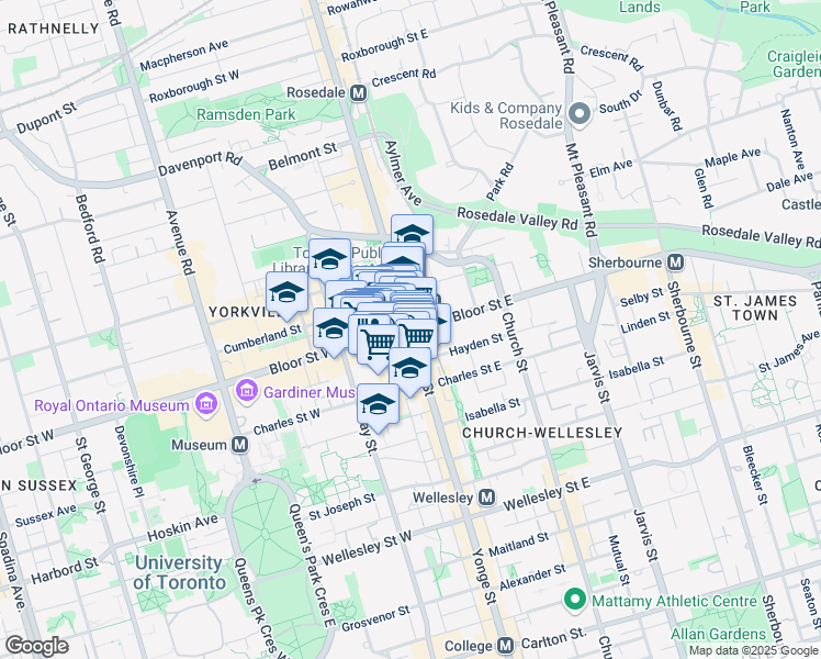 map of restaurants, bars, coffee shops, grocery stores, and more near Bloor Street West in Toronto