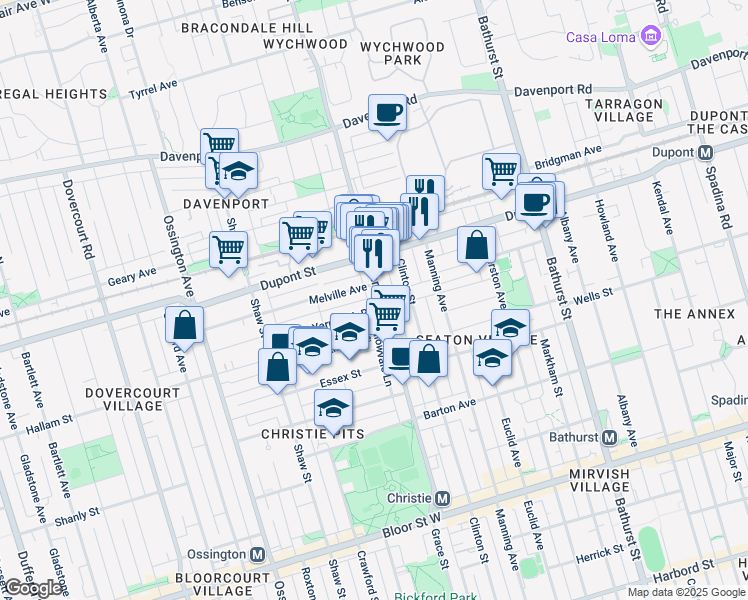map of restaurants, bars, coffee shops, grocery stores, and more near 240 Christie Street in Toronto