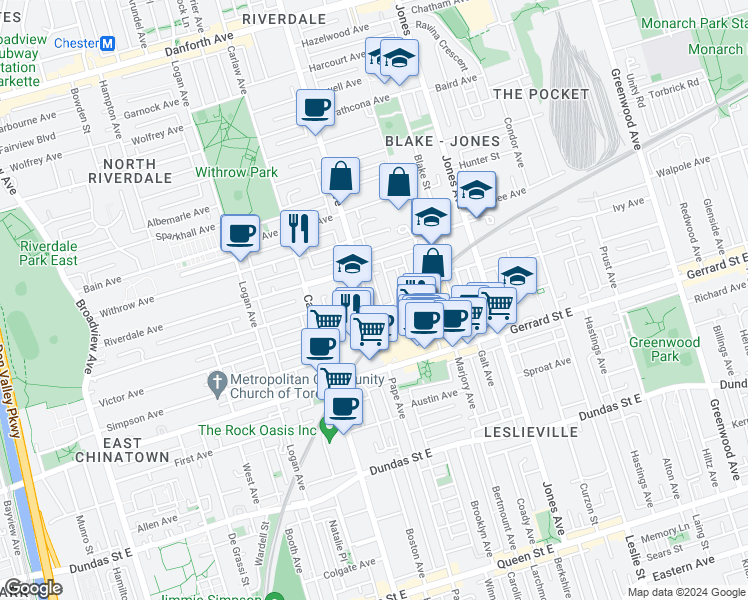 map of restaurants, bars, coffee shops, grocery stores, and more near 393 Pape Avenue in Toronto