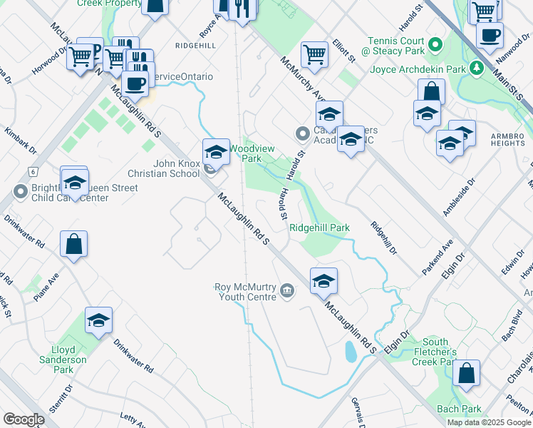 map of restaurants, bars, coffee shops, grocery stores, and more near 21 Roseville Drive in Brampton