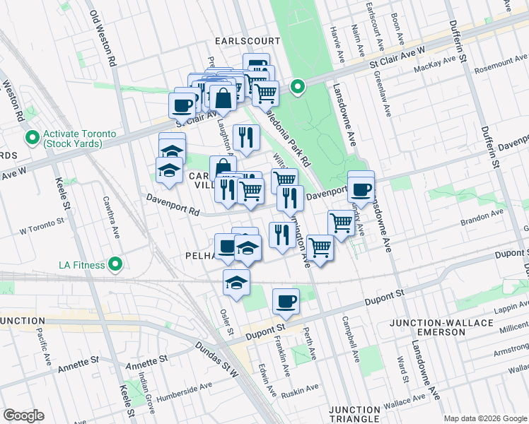 map of restaurants, bars, coffee shops, grocery stores, and more near in Toronto
