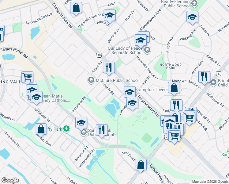 map of restaurants, bars, coffee shops, grocery stores, and more near 25 Parity Road in Brampton