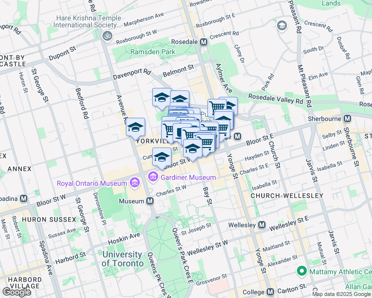 map of restaurants, bars, coffee shops, grocery stores, and more near 1678 Bay Street in Toronto